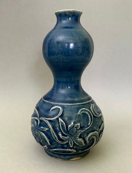 Ming Blue Monochrome Fahua Lotus double gourd vase - 15th - 17th Century Chinese Porcelain