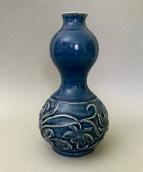 Ming Blue Monochrome Fahua Lotus double gourd vase - 15th - 17th Century Chinese Porcelain