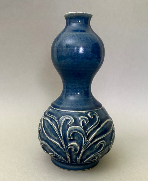 Ming Blue Monochrome Fahua Lotus double gourd vase - 15th - 17th Century Chinese Porcelain