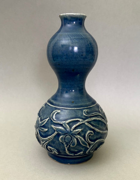 Ming Blue Monochrome Fahua Lotus double gourd vase - 15th - 17th Century Chinese Porcelain