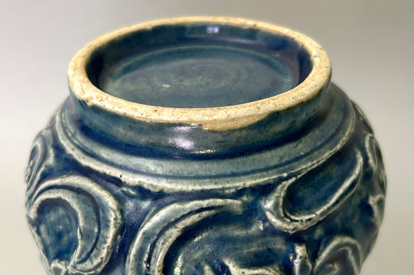 Ming Blue Monochrome Fahua Lotus double gourd vase - 15th - 17th Century Chinese Porcelain