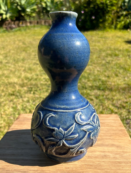 Ming Blue Monochrome Fahua Lotus double gourd vase - 15th - 17th Century Chinese Porcelain