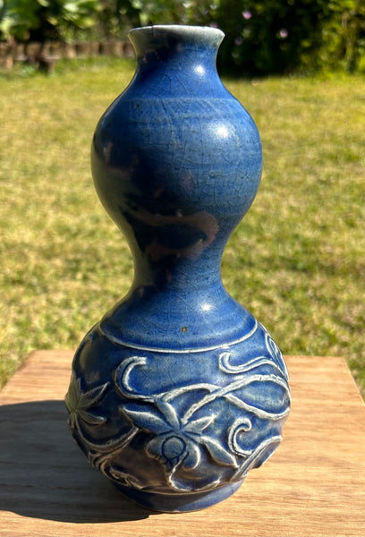 Ming Blue Monochrome Fahua Lotus double gourd vase - 15th - 17th Century Chinese Porcelain
