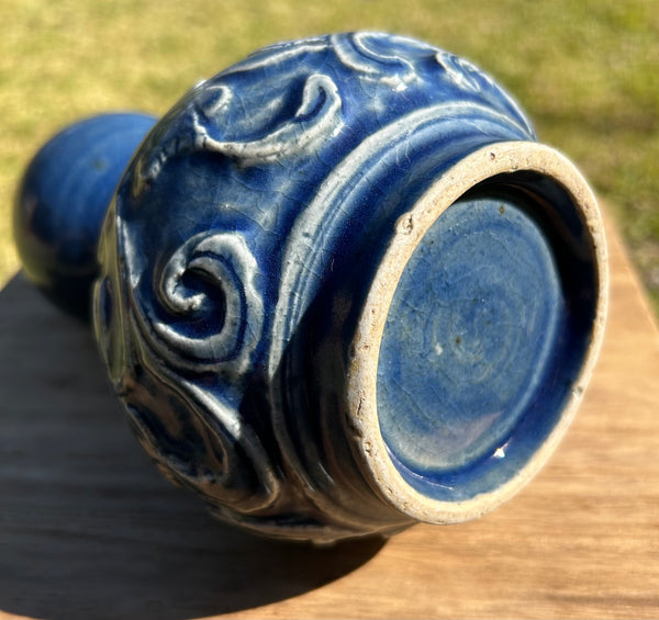 Ming Blue Monochrome Fahua Lotus double gourd vase - 15th - 17th Century Chinese Porcelain