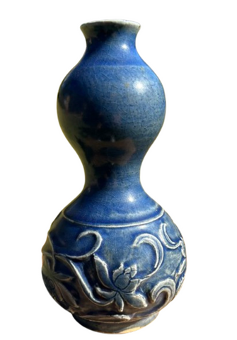 Ming Blue Monochrome Fahua Lotus double gourd vase - 15th - 17th Century Chinese Porcelain