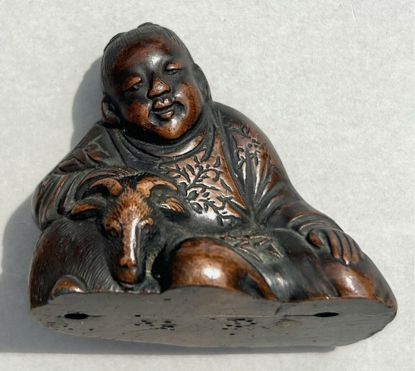 Bronze Scroll Weight Chinese Boy And Goat Antique 18th - 19th Century