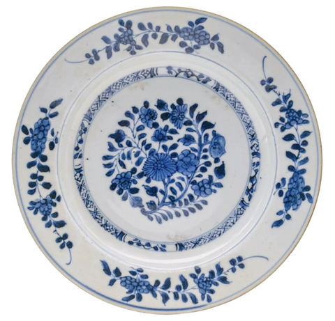 Kangxi Blue & White Peony Flower Plate Chinese Porcelain Antique 1662 - 1722